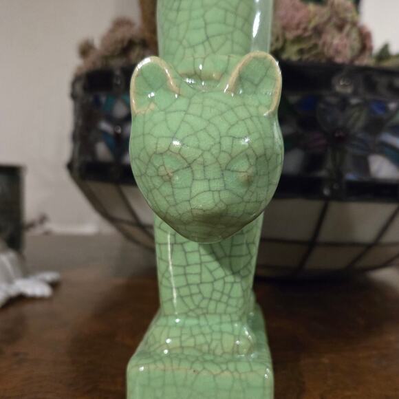 Antique Japanese Celadon Crackle Glazed Green Porcelain Cat Figurine - Picture 3 of 12